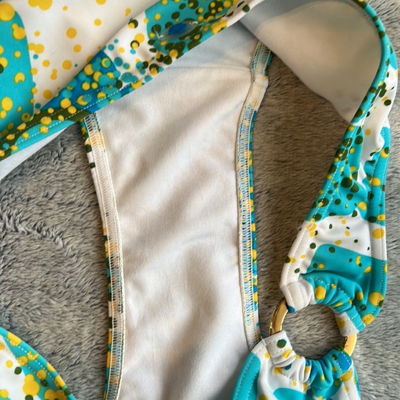 LA VIE EN ROSE💫Women’s Aqua/Yellow Printed Bikini Bottoms with Ring - Picture 8 of 11